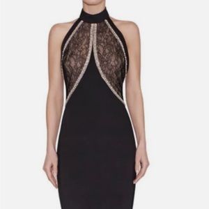 Reem Acra black lace halter gown